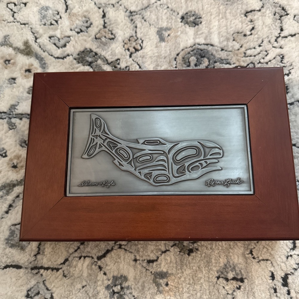 Roxana Leask - Native American‎ Haida Art - Salmon Eagle Wood Trinket Box Pewter